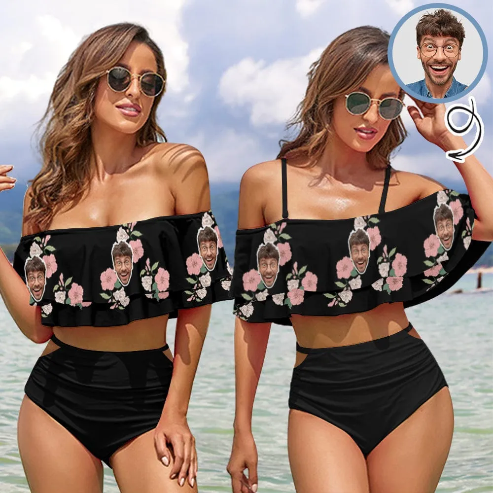 #Plus Size Off Shoulder Bikini-Custom Face Pink And White Flowers 2 Ways to Wear Ruffle High Waisted Bikini Set Two Pieces Swimsuit Beachwear