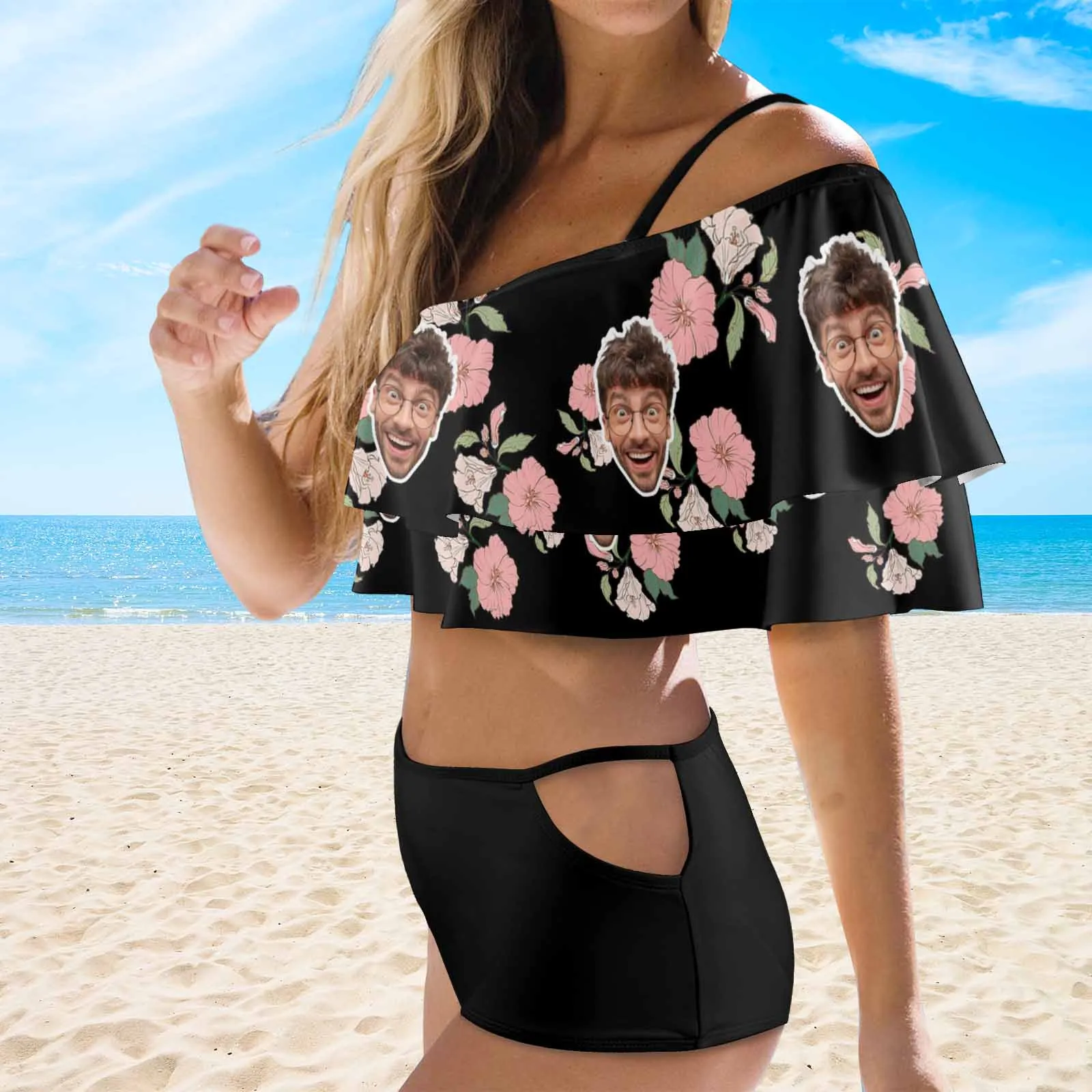 #Plus Size Off Shoulder Bikini-Custom Face Pink And White Flowers 2 Ways to Wear Ruffle High Waisted Bikini Set Two Pieces Swimsuit Beachwear