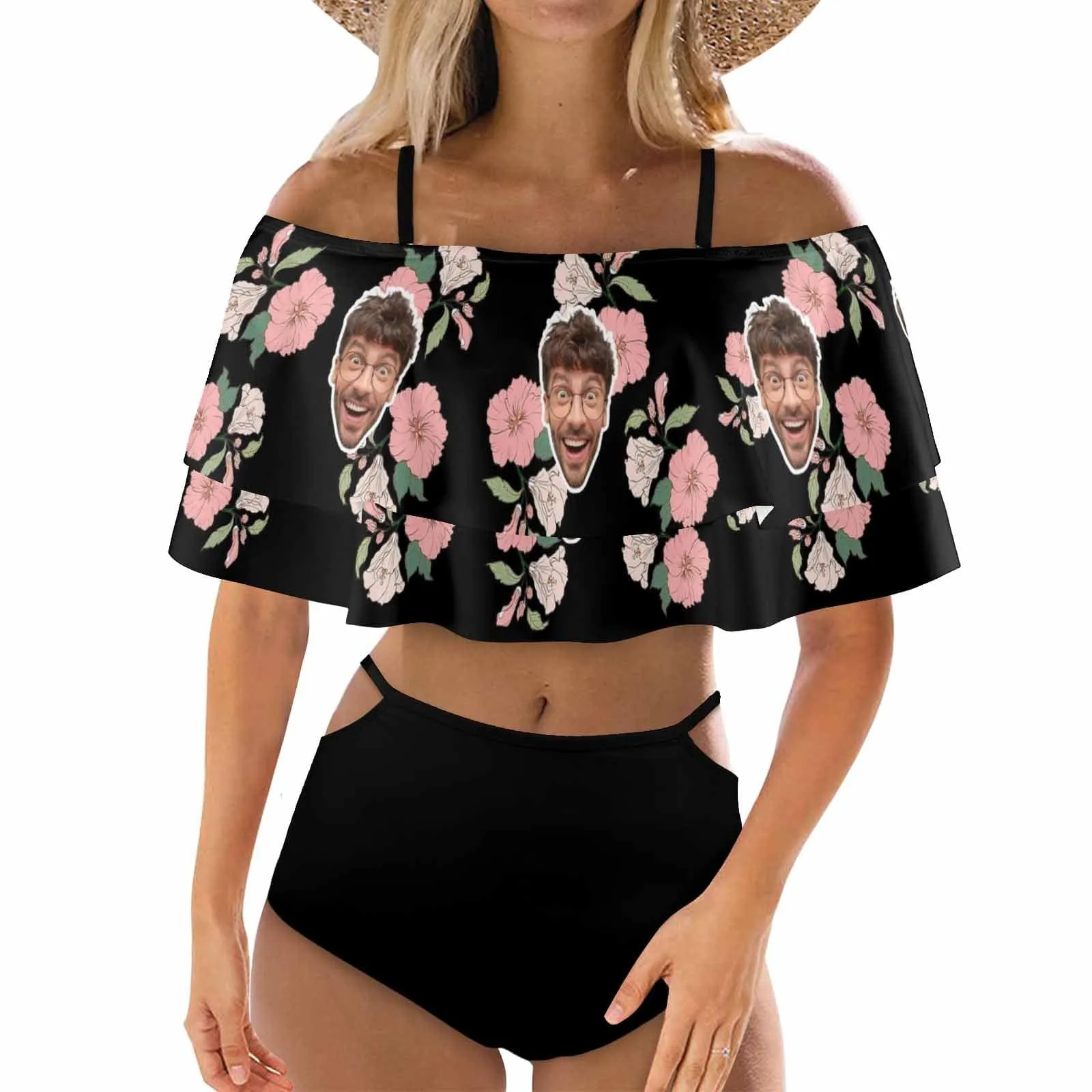 #Plus Size Off Shoulder Bikini-Custom Face Pink And White Flowers 2 Ways to Wear Ruffle High Waisted Bikini Set Two Pieces Swimsuit Beachwear