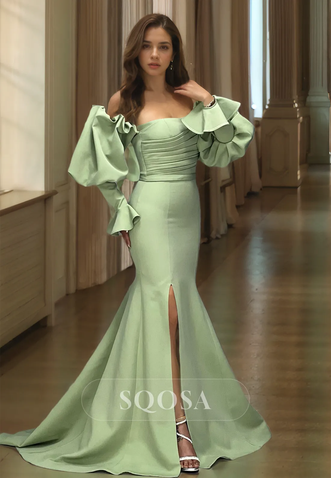 Puff-Sleeves Tube Top Off-Shoulder Formal Gowns Pleated Satin Mermaid Prom Dress with Sweep Train