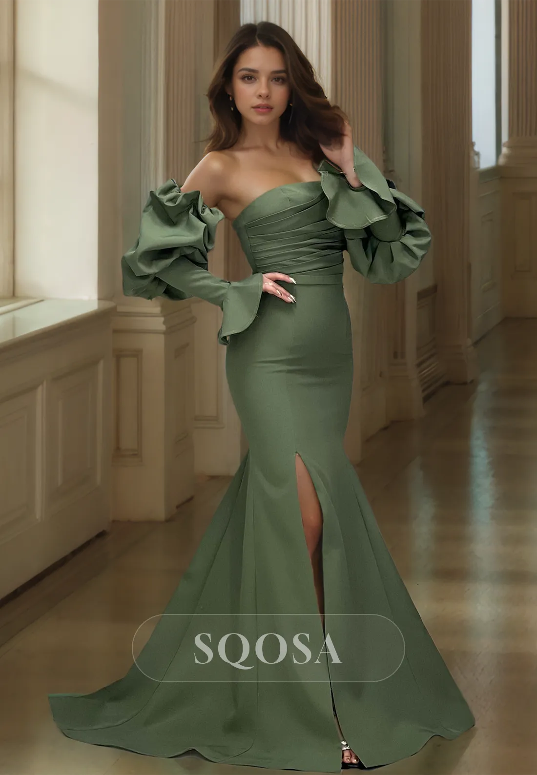 Puff-Sleeves Tube Top Off-Shoulder Formal Gowns Pleated Satin Mermaid Prom Dress with Sweep Train