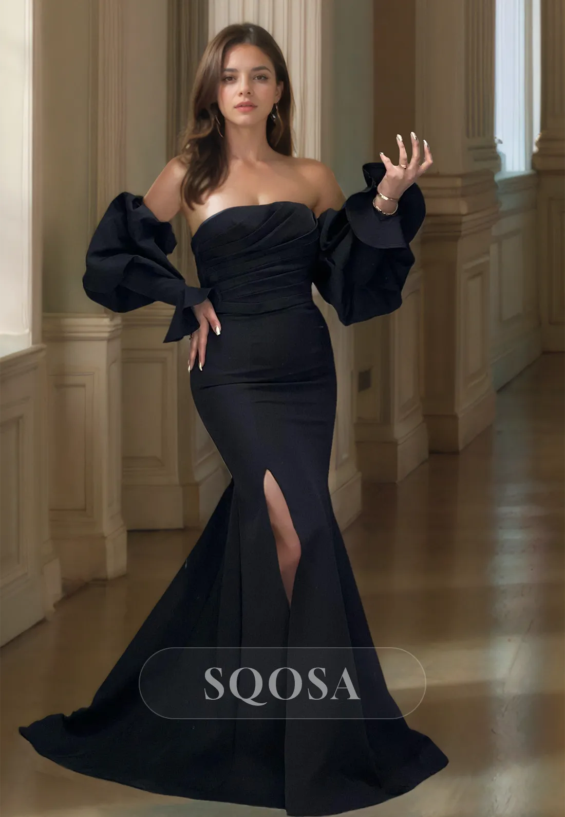 Puff-Sleeves Tube Top Off-Shoulder Formal Gowns Pleated Satin Mermaid Prom Dress with Sweep Train