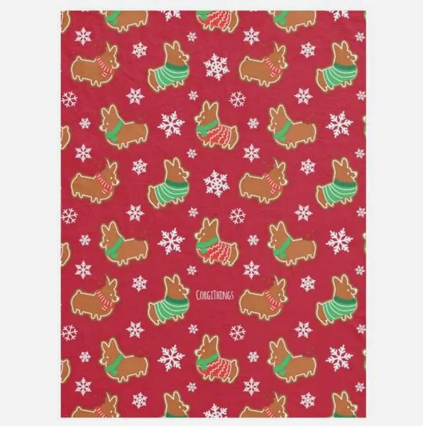 "Gingerbread Corgis" Red Fleece Blanket | Holiday Collection