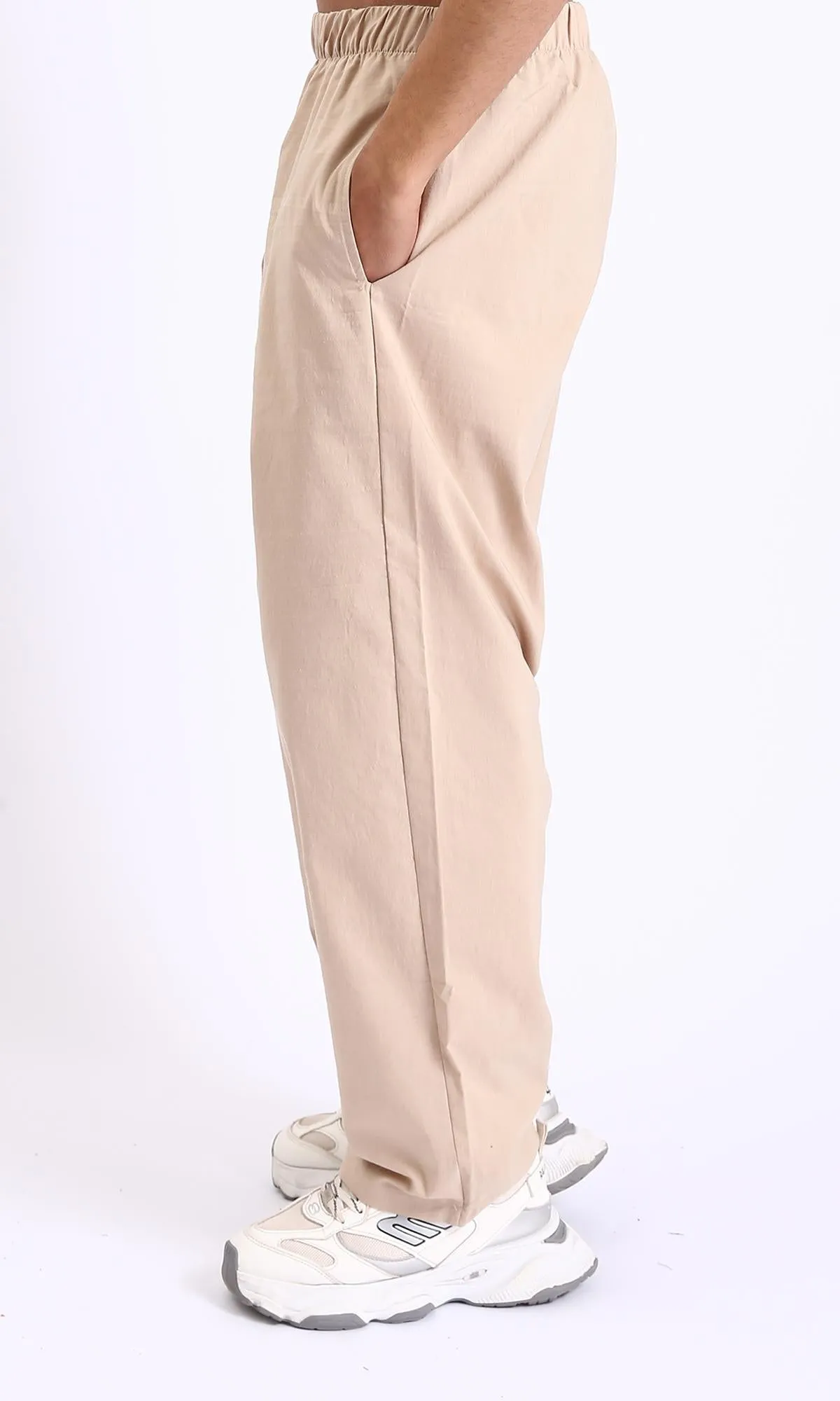 R208148-Elastic Waist Slip On Casual Pants - Beige