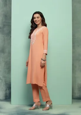 Rayon Chikankari Solid Women's 2 PC Long Kurta Set - Peach