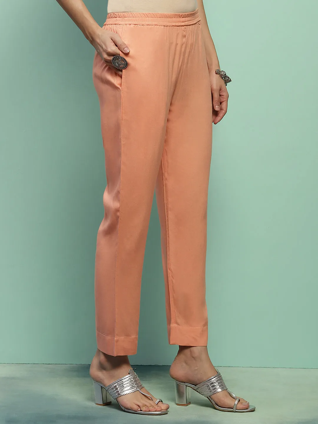 Rayon Chikankari Solid Women's 2 PC Long Kurta Set - Peach