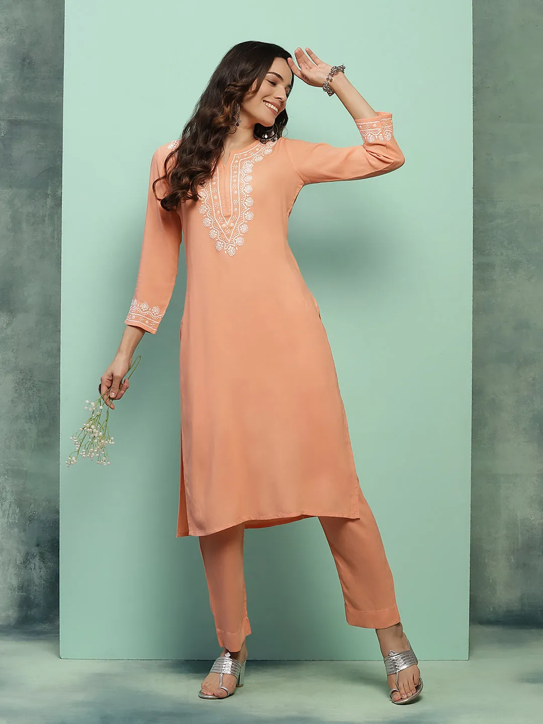 Rayon Chikankari Solid Women's 2 PC Long Kurta Set - Peach