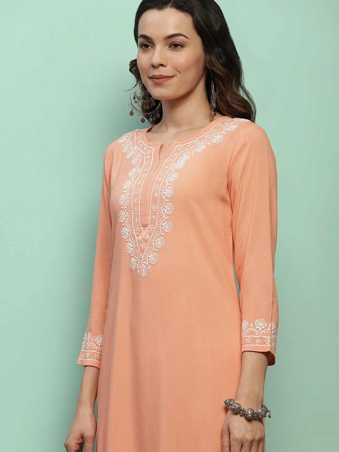 Rayon Chikankari Solid Women's 2 PC Long Kurta Set - Peach