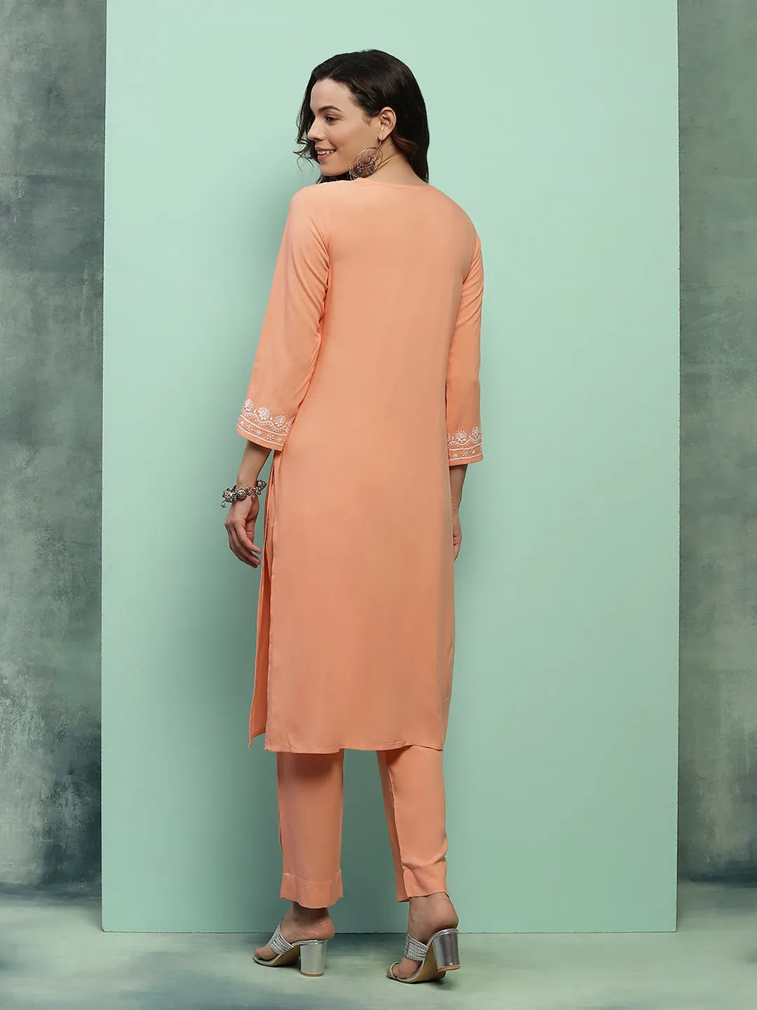 Rayon Chikankari Solid Women's 2 PC Long Kurta Set - Peach