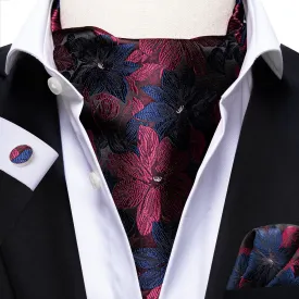 Red Blue Floral Ascot Pocket Square Cufflinks Set