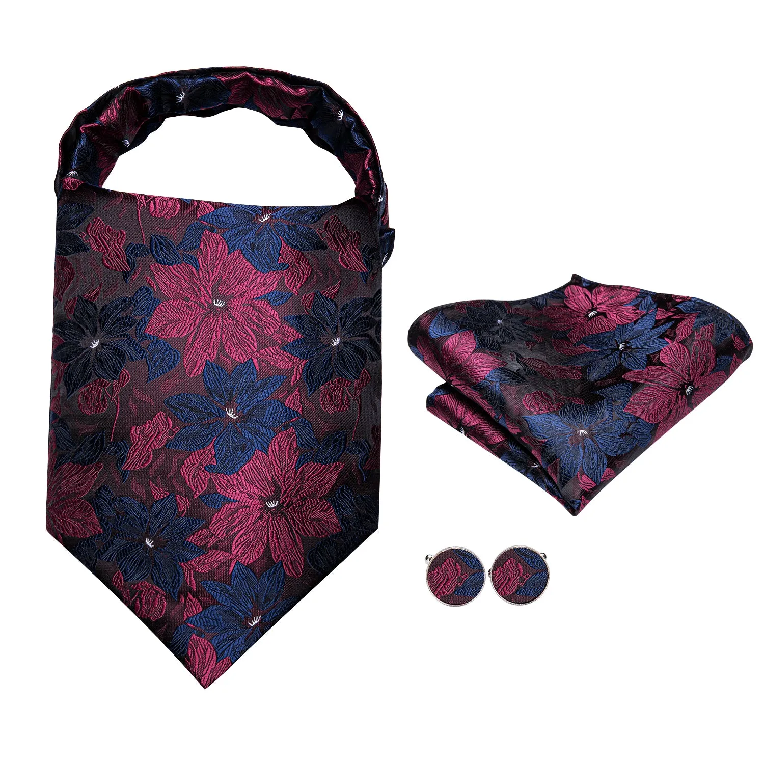Red Blue Floral Ascot Pocket Square Cufflinks Set