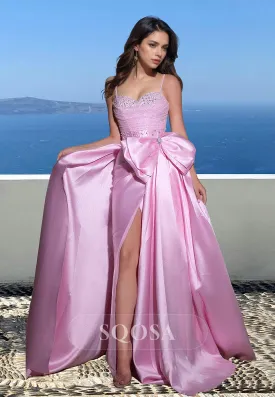 Spaghetti Straps Beaded Sweetheart Sleeveless Formal Gowns Pleated Slit A-Line Prom Dress with Big Bow
