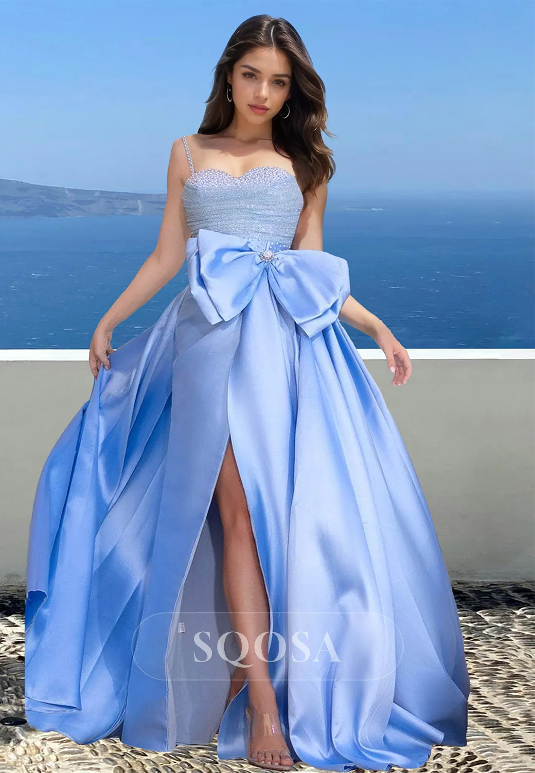 Spaghetti Straps Beaded Sweetheart Sleeveless Formal Gowns Pleated Slit A-Line Prom Dress with Big Bow