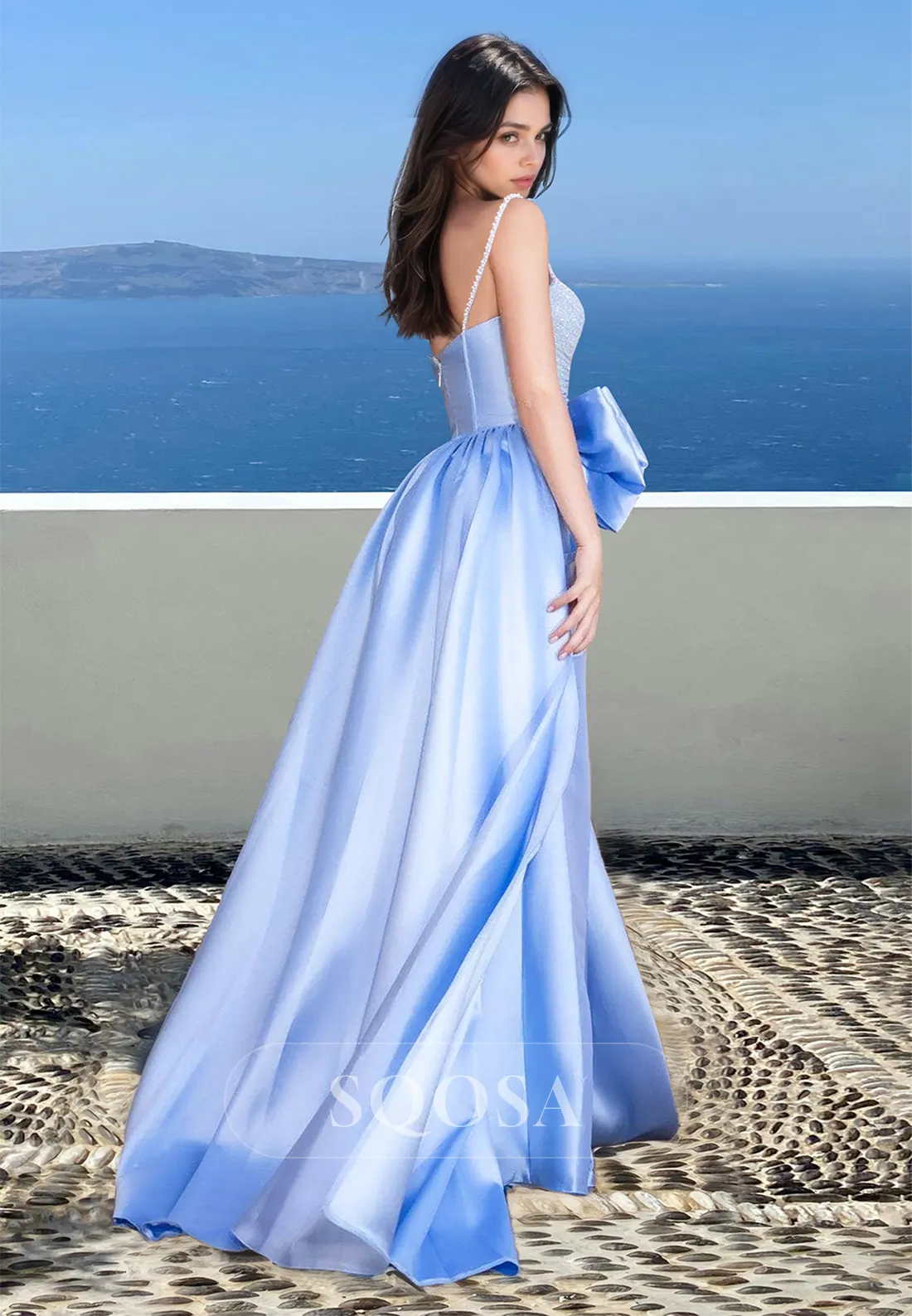 Spaghetti Straps Beaded Sweetheart Sleeveless Formal Gowns Pleated Slit A-Line Prom Dress with Big Bow