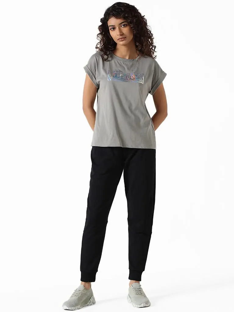 Studiofit Grey Printed Power Cotton T-Shirt