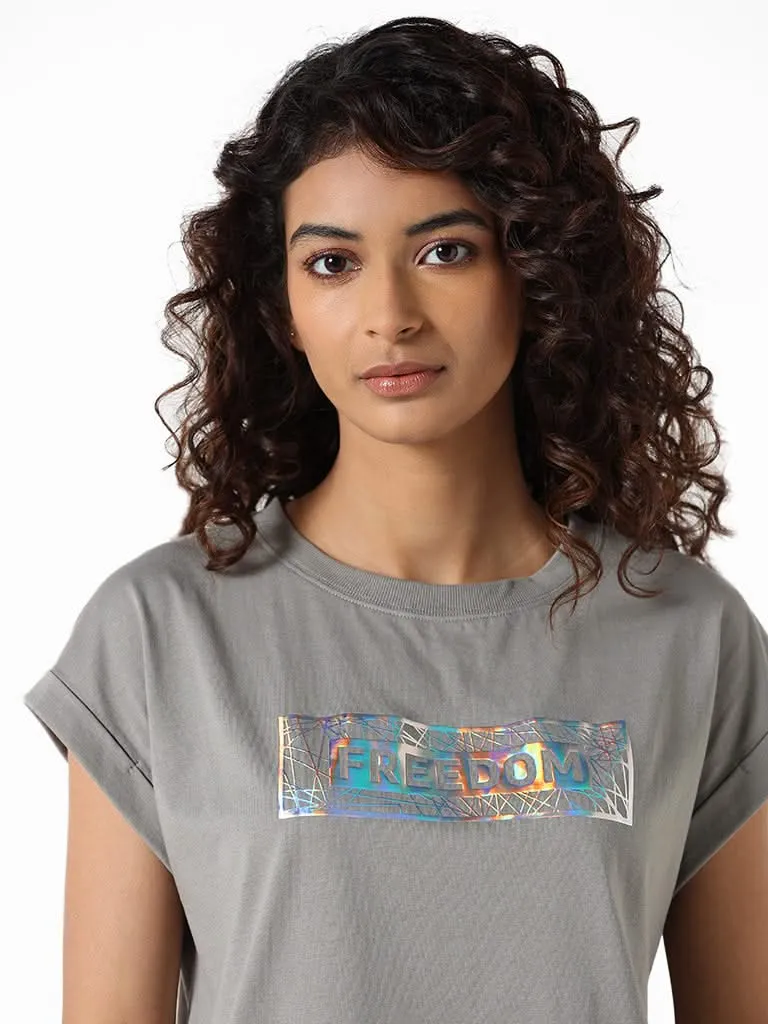 Studiofit Grey Printed Power Cotton T-Shirt