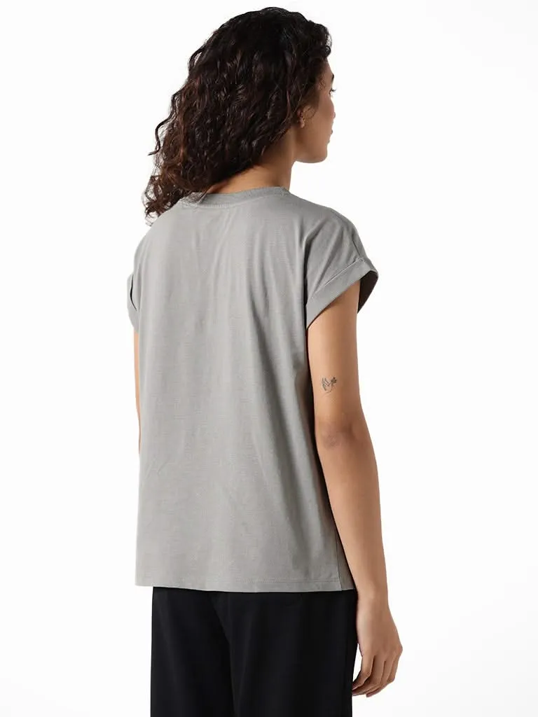 Studiofit Grey Printed Power Cotton T-Shirt