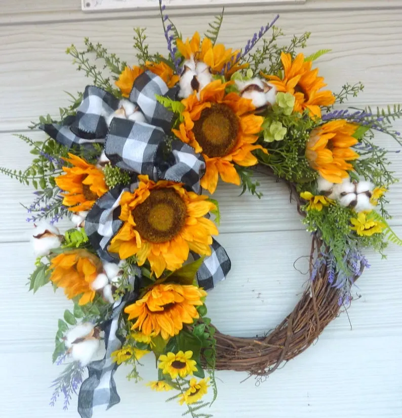 Sunflower Farmhouse wreaths, Spring/Summer wreath, Spring wreath for front door, front door wreath