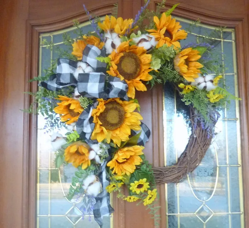 Sunflower Farmhouse wreaths, Spring/Summer wreath, Spring wreath for front door, front door wreath