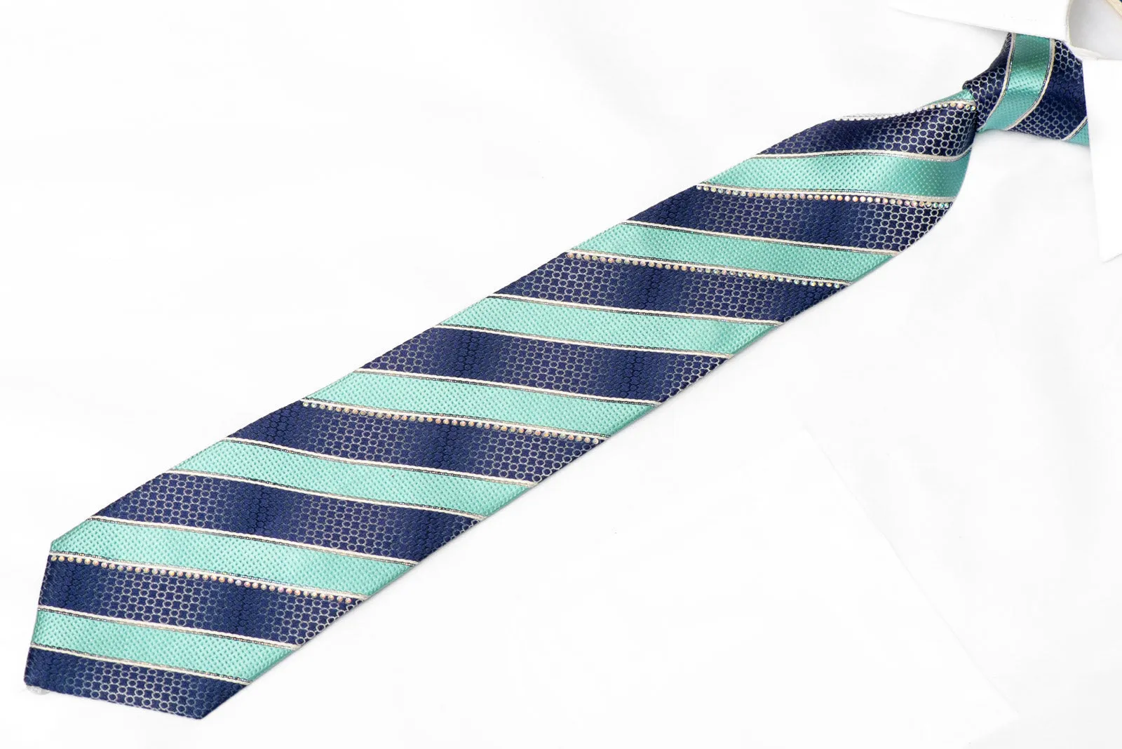 Teal Blue Striped Rhinestone Silk Necktie With Silver Sparkles