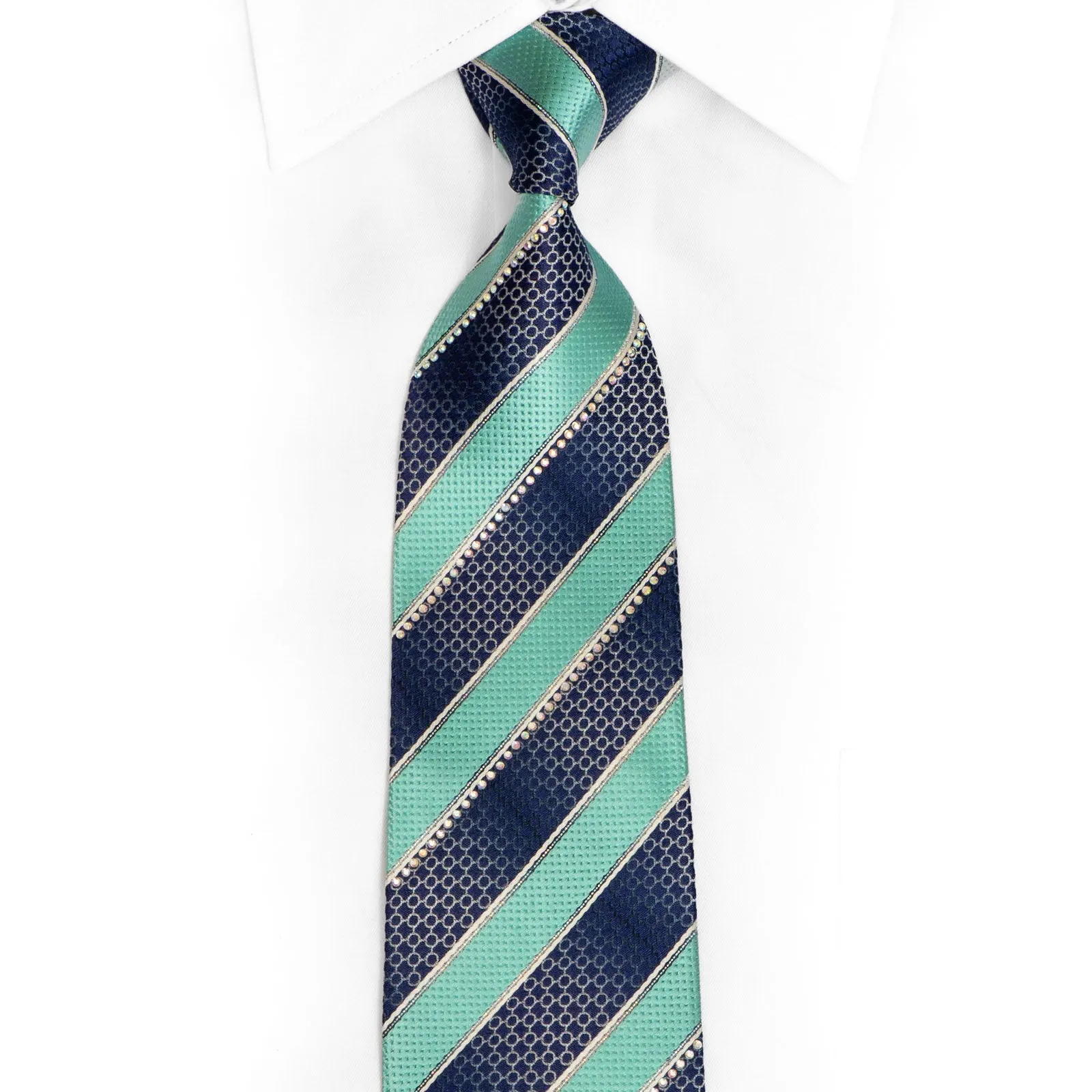 Teal Blue Striped Rhinestone Silk Necktie With Silver Sparkles
