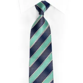 Teal Blue Striped Rhinestone Silk Necktie With Silver Sparkles