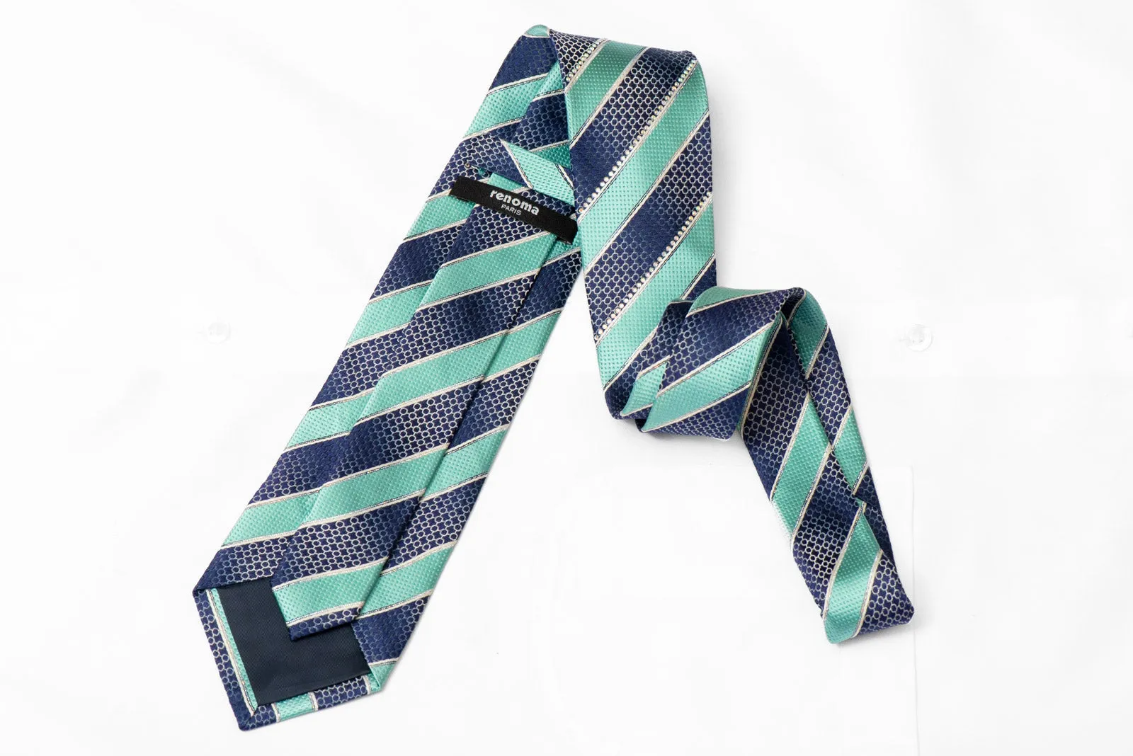 Teal Blue Striped Rhinestone Silk Necktie With Silver Sparkles