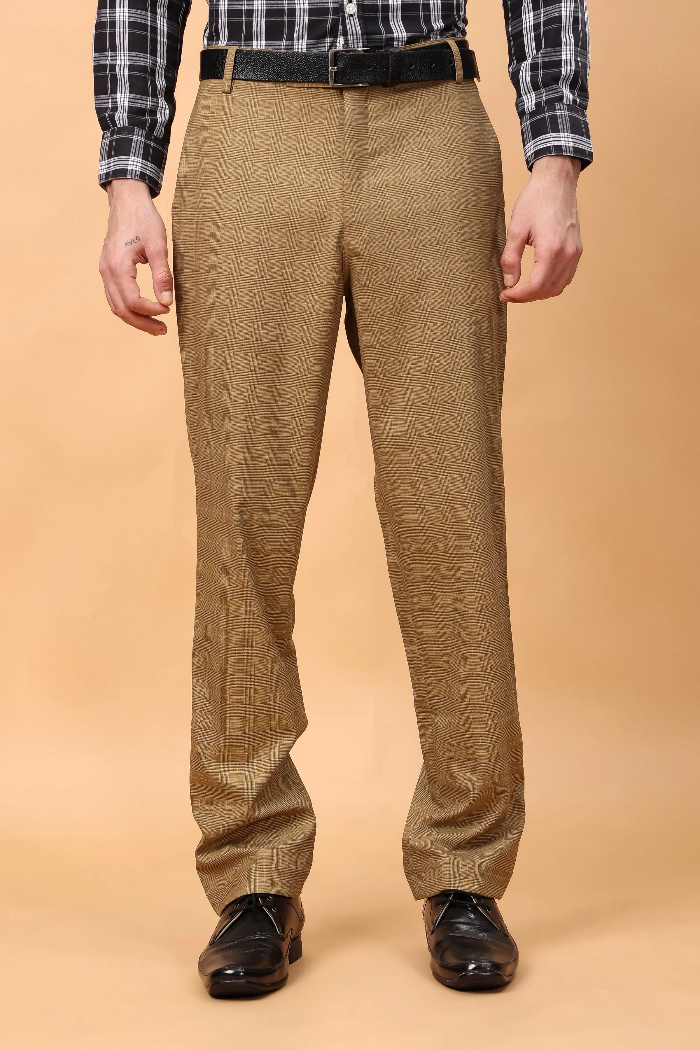 Warm Beige Checked Formal Trousers