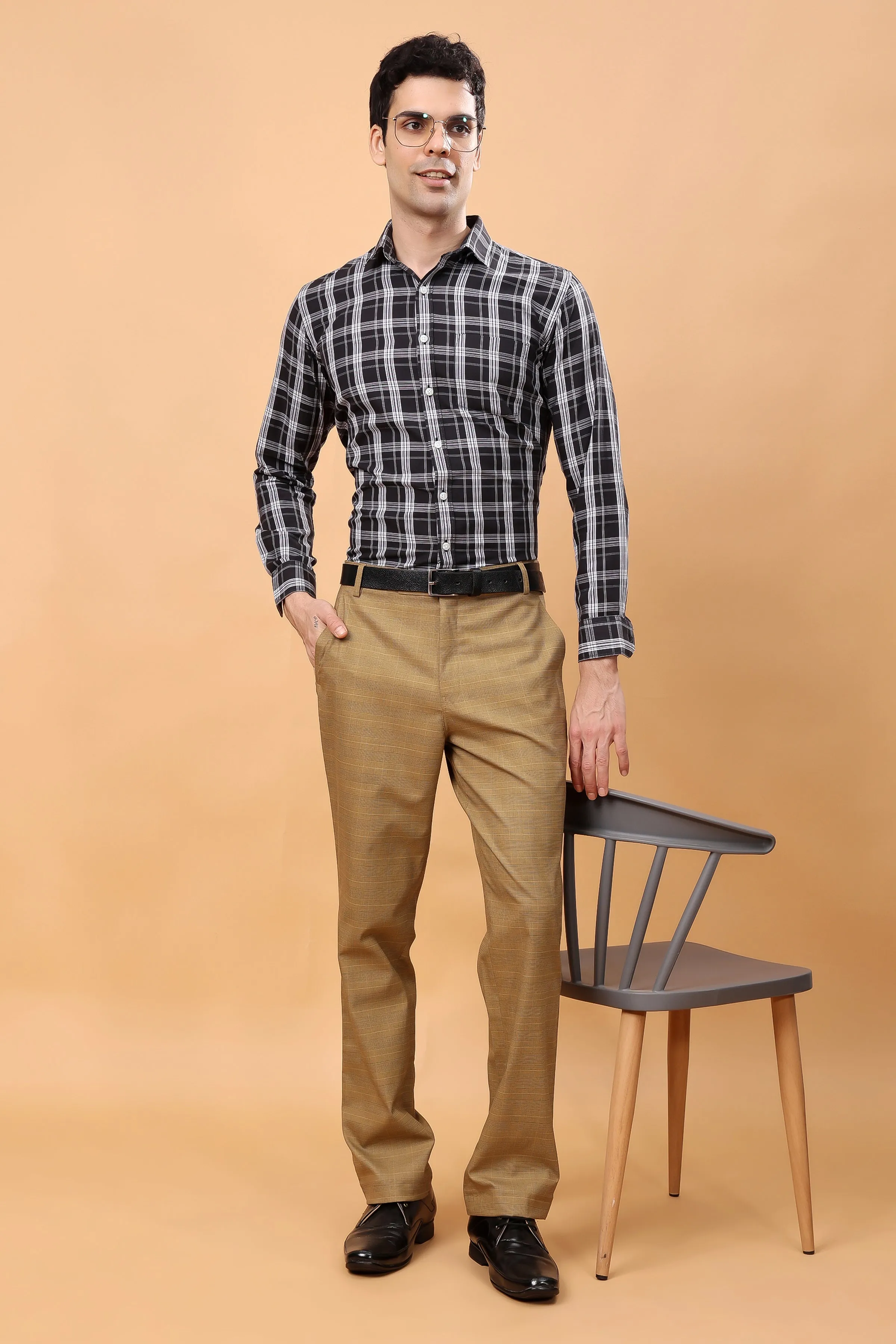 Warm Beige Checked Formal Trousers