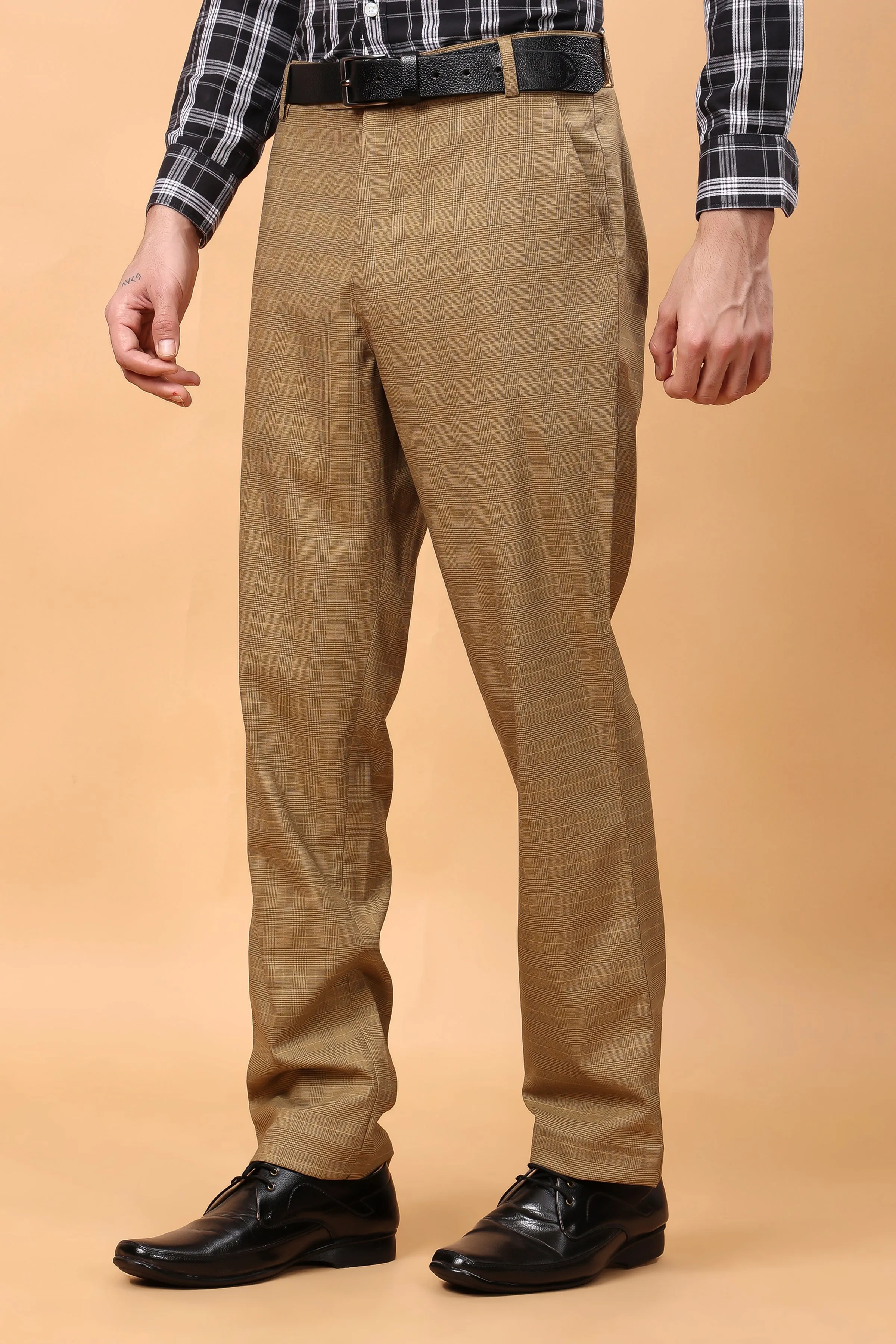 Warm Beige Checked Formal Trousers