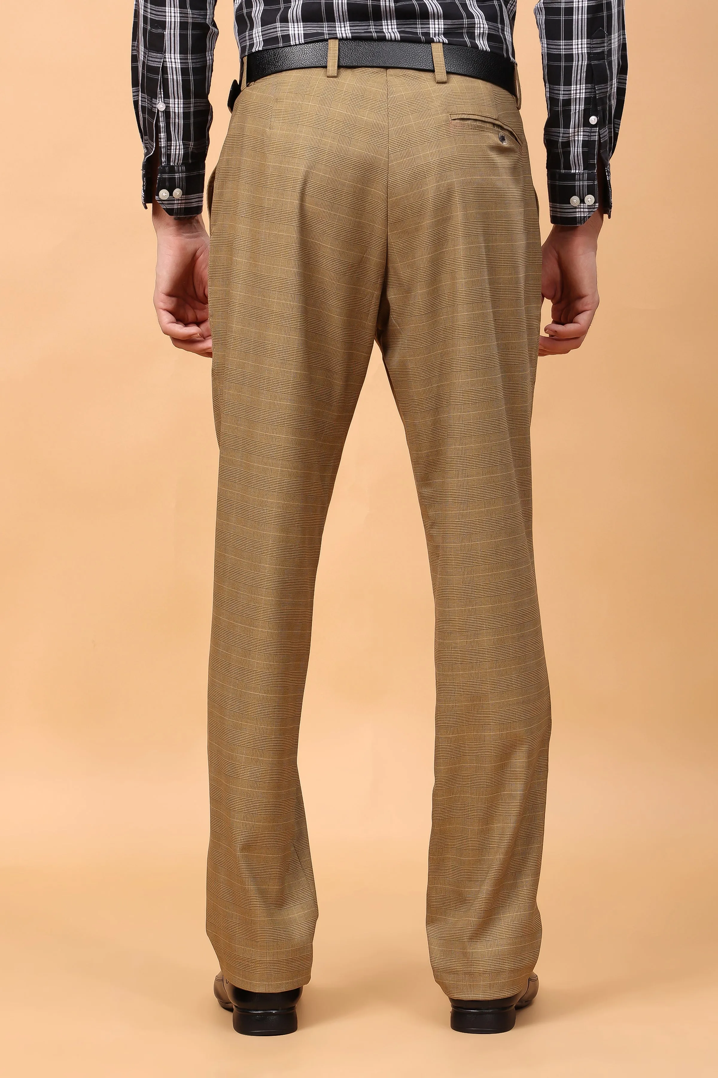 Warm Beige Checked Formal Trousers