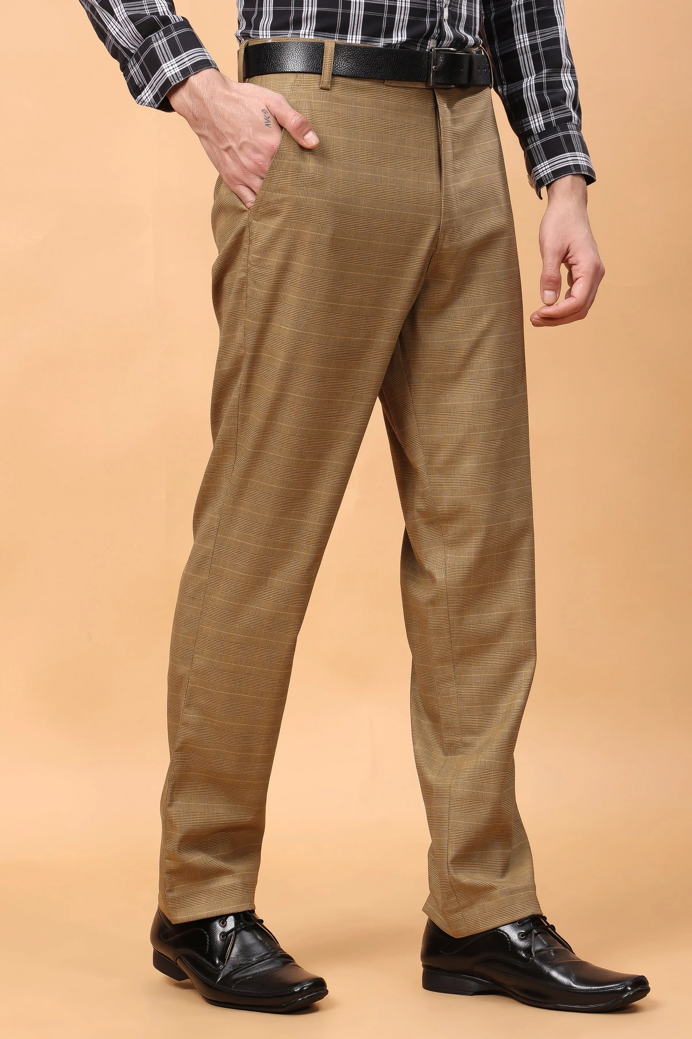 Warm Beige Checked Formal Trousers