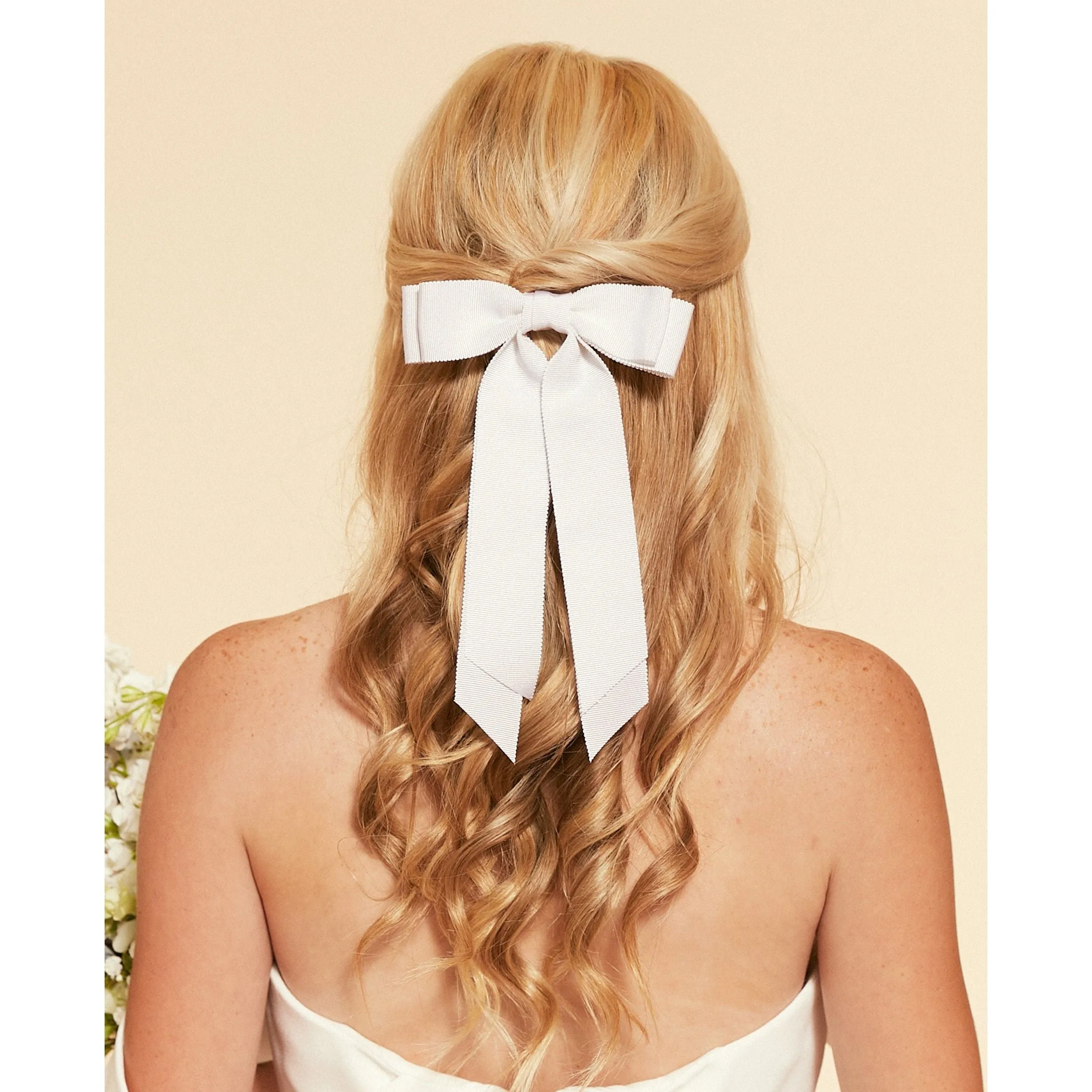 White Grosgrain Bridal Bow | Petite Oversize Long Bow | Petersham Grosgrain | Luxury Bridal Hair Bow | Made to Order
